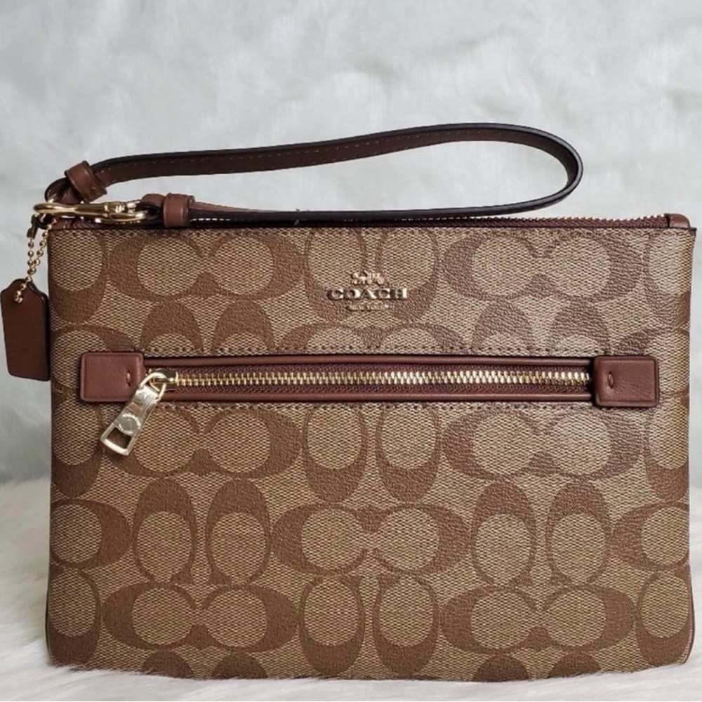 Coach Signature Canvas Double Zip Wristlet Wallet Brown NWOT Authentic - Picture 2 of 5